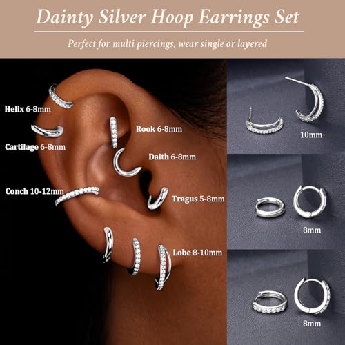 Poxtex Small Sterling Silver Huggie Hoop Earrings Set for Women, Hypoallergenic 14K Gold Plated Hoops Stacks for Multiple Piercings, Dainty Cute Mini Lightweight Cartilage Studs Trendy Jewelry Gift - color: Silver-double hoop