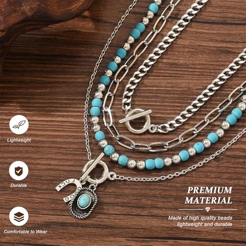 Western Necklaces Boho Turquoise Cross Necklace Set Navajo Pearl Beaded Layered Choker Cowgirl Christian Western Jewelry for Women - color: Style-D