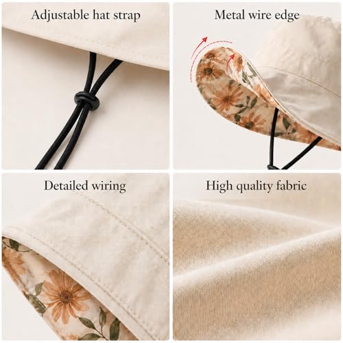 HUAMULAN Women Summer Sun Hat Wide Brim Wired Edge Floral Beach Bucket Hats Reversible Foldable Travel UV Protection Lady Hat - color: M2320-beige