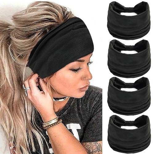 FULZTEY Black Headbands for Women Wide Head Bands Stretchy Sport Yoga Workout Hairband Thick Boho Bandanas Knotted Turban Non Slip Hair Wrap Versatile Hair Accessories for Girls Pack of 4 - color: Style 16