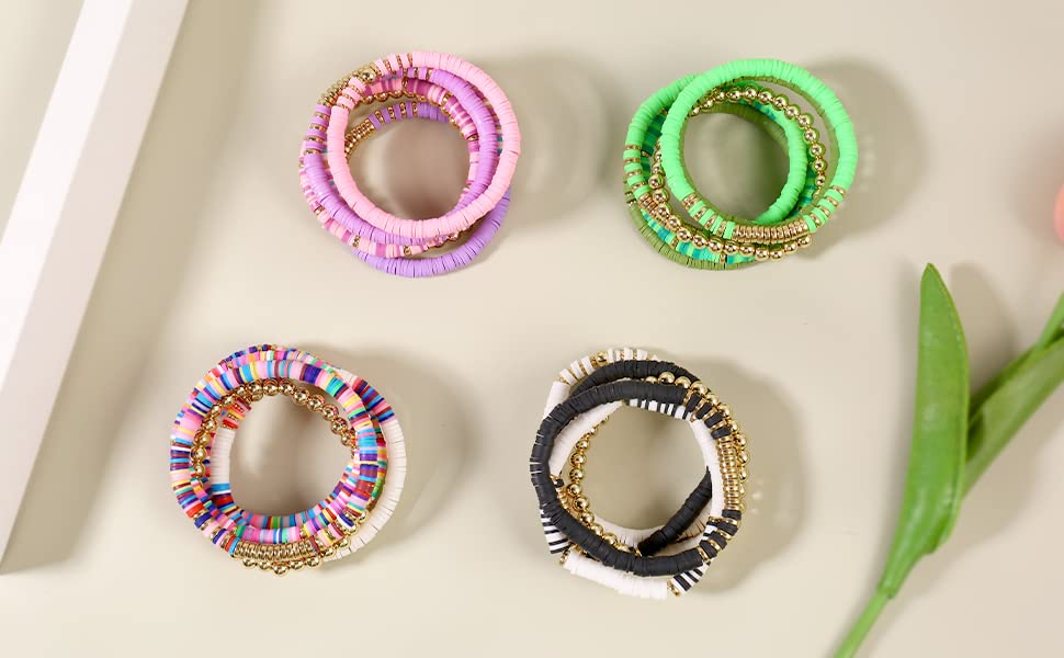 Elegance 11 designs Heishi Beaded Bracelets For Women Polymer Clay Colorful Surfer Stackable Beads Boho Bracelet Summer Beach Jewelry - color: Purple