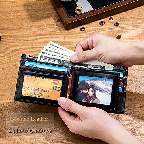 BULLCAPTAIN RFID Wallets for Men,Genuine Leather Wallet QB-05 (Black) | Slim,Bifold,Front Pocket Wallet, 2 ID Windows,11 Card Slots,RFID Blocking Technology,Gift Choice - color: Black