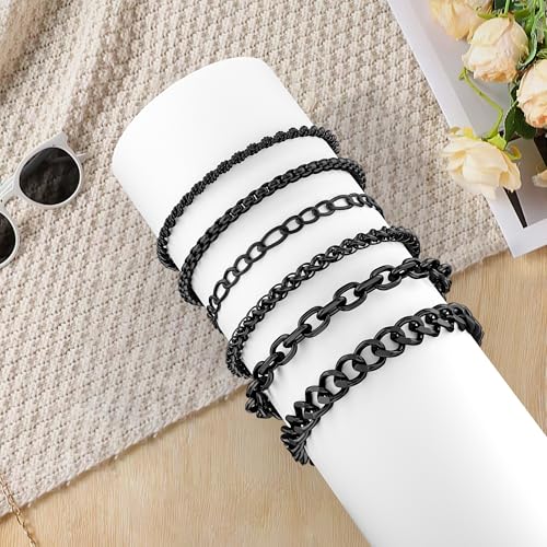 6PCS Stainless Steel Bracelets for Men Women, Silver Gold Black Cuban Link Rope Box Wheat Chain Paperclip Figaro Jewelry Set, 7/8/9 Inches - color: Black, size: 7 inches
