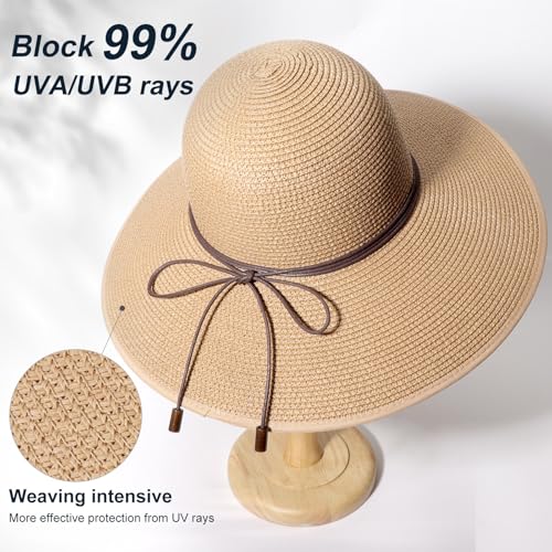DRESHOW Beach Hats for Women Big Straw Wide Brim Summer Hat Floppy Foldable Roll up Cap Sun Hat UPF 50+ - color: 1 Pack Bowknot Hat: Khaki, 4.7" Brim