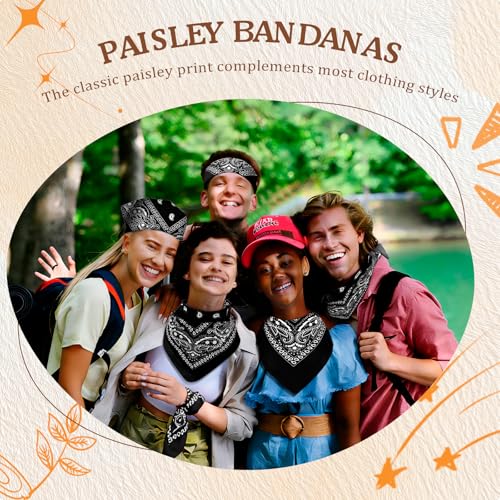 50 Pcs Bandanas Bulk Large Bandana Headband Paisley Cowboy Bandana Scarf Handkerchief for Women Men - color: Black