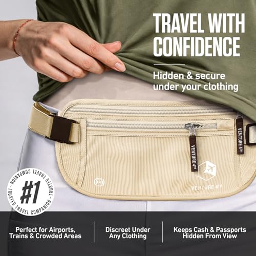 VENTURE 4TH Money Belt for Travel – Slim Hidden Under-Clothes RFID Blocking Anti-Theft Passport Holder & Travel Wallet Pouch for Men & Women to Protect Cash, Cards & Documents (Beige) - color: Beige