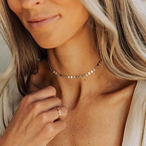 CHESKY 14k Gold Plated/Silver Plated Dainty Necklace for Women, Trendy Satellite Choker Necklace Thin Beaded Layered Choker Necklaces Discs Paperclip Chain Necklaces Womens Simple Jewelry - style: Disc-Gold