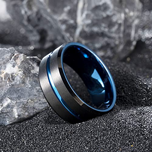 King Will Mens Tungsten Rings for Men Two Tone Grooved Mens Wedding Band Cool - color: Black & Blue 8mm