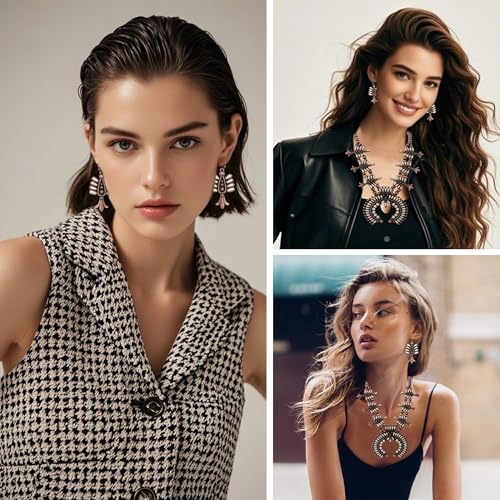 4 PCS Western Turquoise Jewelry for Women Boho Vintage Navajo Pearl Necklace Earring Bracelet Ring Set Country Cowgirl Accessories for Gift - color: P-White（No Bracelet No Ring）