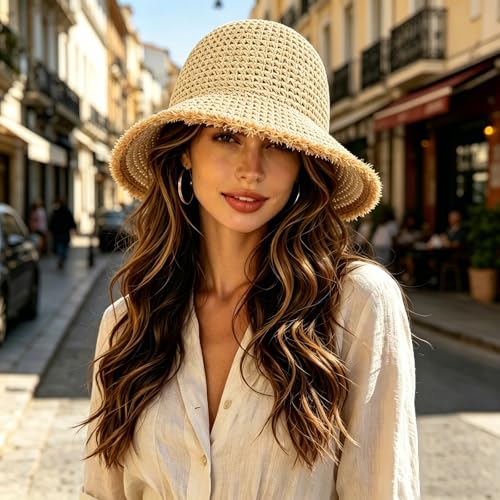 Straw Bucket Hat for Women Foldable Summer Beach Sun Hats Wide Brim Crochet Floppy Hat for Vacation Travel Shade & Style - color: Beige-d