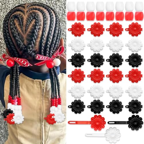 60PCS Hair Dreadlocks Beads Red&&Black&White Loc Bead Decoration Flower Self Hinge Barrettes Plastic Cartoon Hairpin 80s 90s Barrette Clip Decoration Accessories for Toddler Girls - color: Black&Red&White