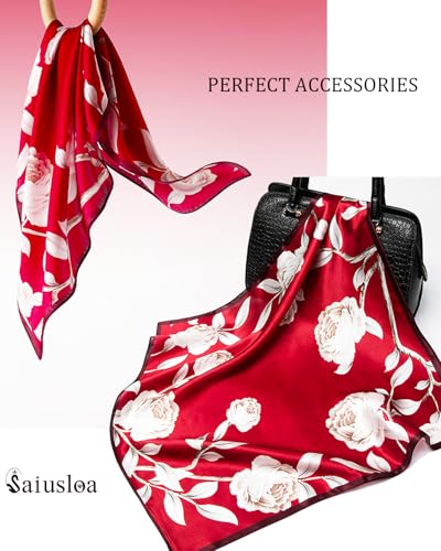 Saiusloa Neck Scarf For Womens Silky Head Scarves Hair Bandanas Square Scarf Fashion Accessories lightweight - color: 1-red Flowers