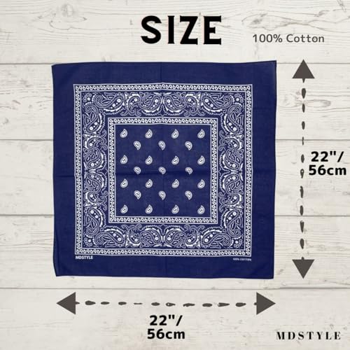 MDSTYLE 100% Cotton Bandana for Men & Women 22" x 22" Paisley Pattern Handkerchief Headband Scarf - color: Navy Blue