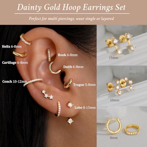 Poxtex Small Sterling Silver Huggie Hoop Earrings Set for Women, Hypoallergenic 14K Gold Plated Hoops Stacks for Multiple Piercings, Dainty Cute Mini Lightweight Cartilage Studs Trendy Jewelry Gift - color: Gold-jacket