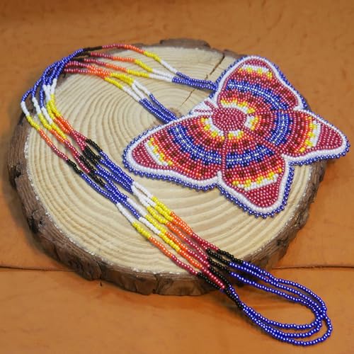 Handmade Native American Style Tribal ethnic Seed Bead Beaded Layered Medallion Necklace #1 - color: Brownish Red Butterfly