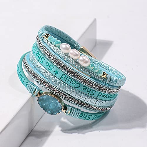 Artilady Leather Wrap Bracelets for Women - Pearl Bracelets Handmade Clasp Bangle Bracelet with Beads Jewelry Gift for Women and Mother - style: So She Did, Blue