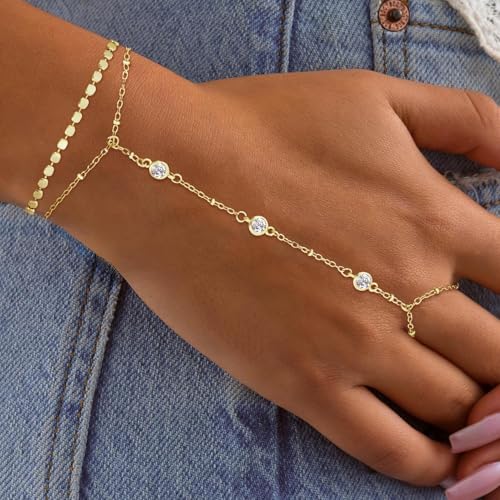 Gold Bracelets for Women Trendy, Dainty Gold Hand Chain Bracelets Stackable 14k Gold Plated Finger Ring Bracelet Hand Chain Cz Flower Layered Link Bracelets for Women Non Tarnish Jewelry Gifts - style: layered cz hand chain bracelet-gold