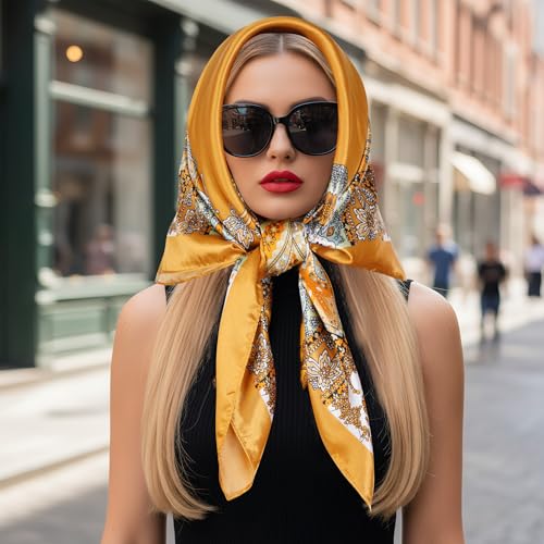 Pistha Head Scarf Bandana for Women, Satin Scarf for Hair, Large Square Silk Bandana Headscarf for Women and Men 35 Inch - style: Classic-gold