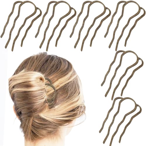 6 Piece Metal Hair Side Combs Hair Fork Clip Pins for Updo Bun, U Shape for Vintage Hairstyle Hair Accessories (Bronze-4 Teeth) - color: Bronze-4 Teeth
