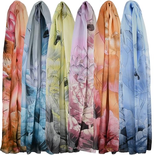 6 Pieces Scarves for Women Ladies Lightweight Silk Gorgeous Floral Pattern Lotus Print Chiffon Scarves - color: Gorgeous Floral