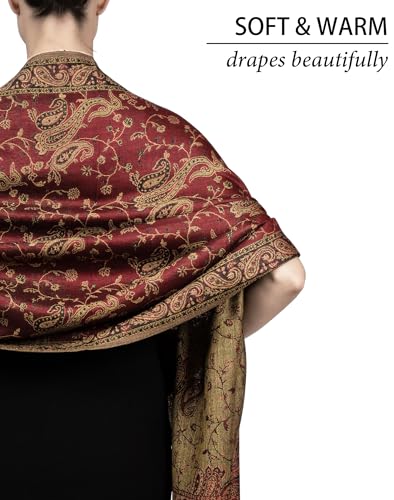 Achillea Reversible Paisley Pashmina Rave Scarf – Exotic Indian Shawls and Wraps for Evening Dresses, Festivals, All Seasons - color: Burgundy