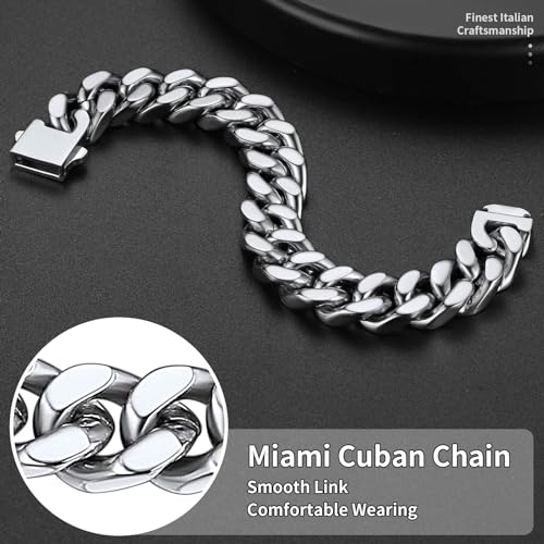 ChainsHouse Stainless Steel Cuban Link Bracelet for Men, 5mm/7mm/9mm/12mm Width, 7.5"/8.3"/9" Length, Black/18K Gold Plated Chain Wrist Bracelets for Men, with Gift Box - color: b. 14mm width-steel, size: 7.5 Inches