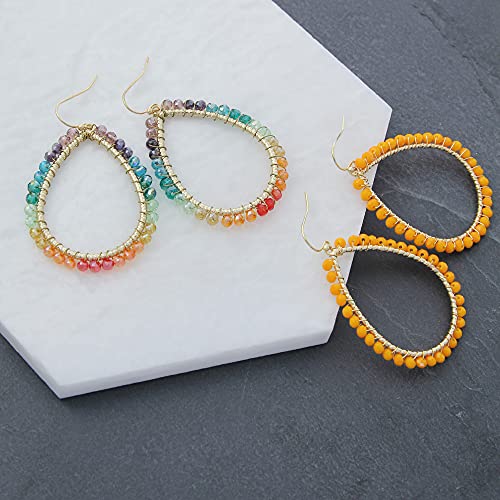 Bohemian Boho Teardrop Dangle Drop Earrings for Women – Delicate - Handcrafted Wire Wrapped Colorful Faceted Glass Beads – Gold Plated – with Gift Box Included - color: Rainbow Multi