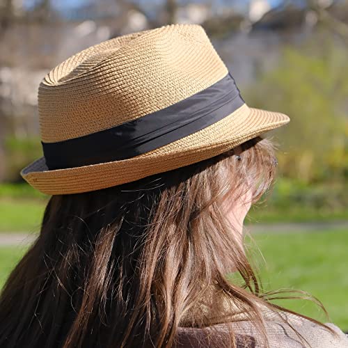DRESHOW Women Straw Sun Hat Short Brim Panama Travel Fedora Summer Hat Roll Up Beach Cap for Women UPF 50+ - color: Khaki Fa