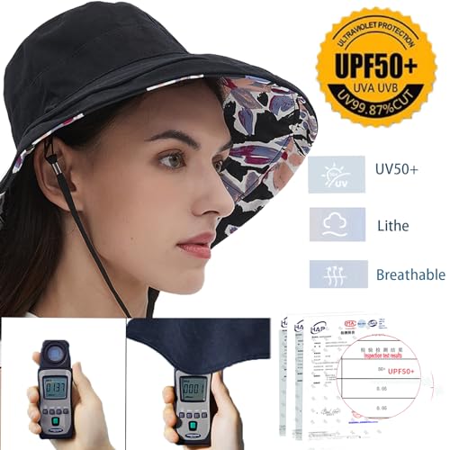 vidsel Womens Sun Hats Wide Brim Reversible Bucket Cotton Hat Packable Summer Travel Cap with Hat Clip,UV Protection - color: Black, size: Medium
