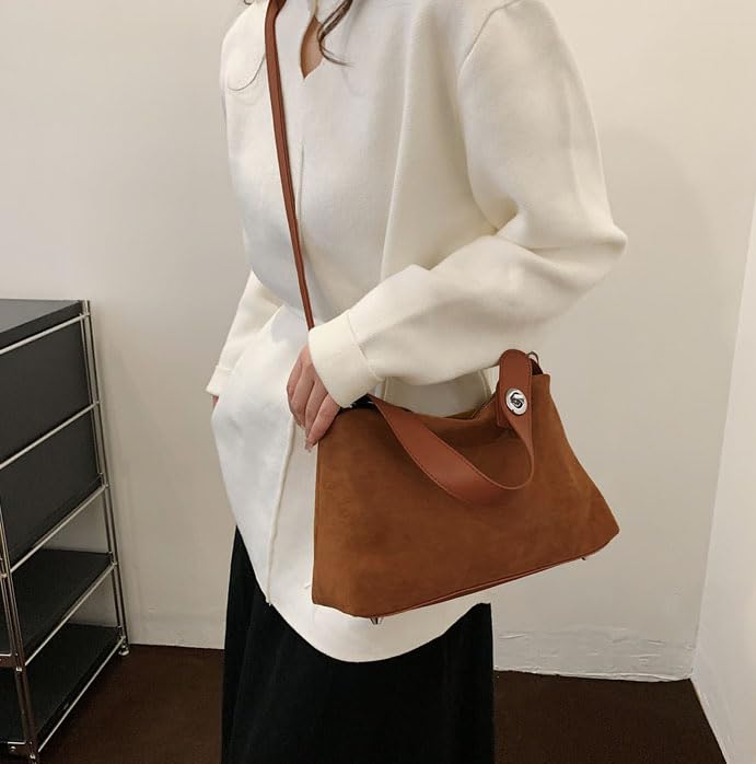 Suede Shoulder Bags For Women Crossbody Bag Suede Tote Bag Satchels Slouchy Work Purses Crescent Handbag Fall Top Handle - color: Brown