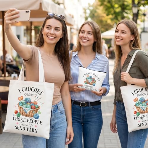Crochet Lover Gifts for Women Funny Crochet Canvas Tote Bag with Cosmetic Pouch Bag Reusable Grocery Folding Shopping Bags Knitting Crocheting Funny Gifts for Women Friends Knitter Crocheters