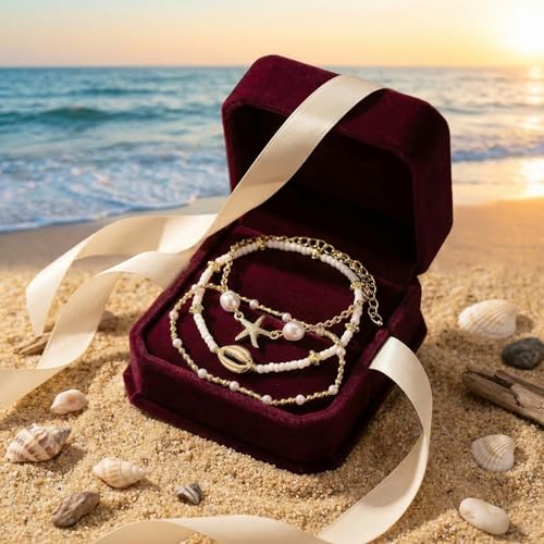Boho Beads Beach Layered Anklet Set for Women, Handmade Gold Starfish Pearl Shell Anklets Summer Ocean Accessories Jewelry Gift - color: Starfish