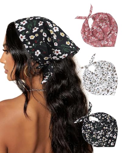 AWAYTR 3Pcs Hair Bandanas Head Kerchief for Women Girls Tie-Back Boho Hair Scarf Headband Bandana Triangle Head Scarf - color: Flower - Black + White + Pink