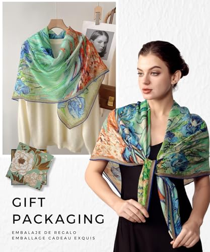 PoeticEHome Cashmere Scarf Wrap 36"x36" - Featherlight & Wrinkle-Free Artistic Square Shawl for Travel & Office, Gift Ready - color: Irises - 36"