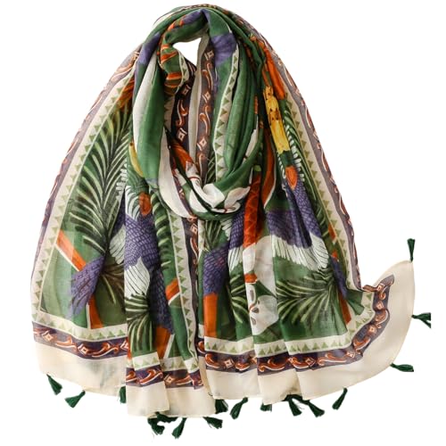 WaJuemy Travel Boho Scarf for Women Casual Lightweight Pashmina Scarves Fashion Multicolor Shawl Wraps with Fringed Beads - color: 62 Green Bird