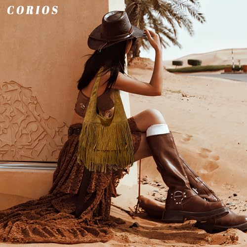 CORIOS Women Suede Handbag Vintage Fringe Hobo Bag Shoulder Bag with Tassel Hippie Western Purse Large Tote Bag - color: Brown