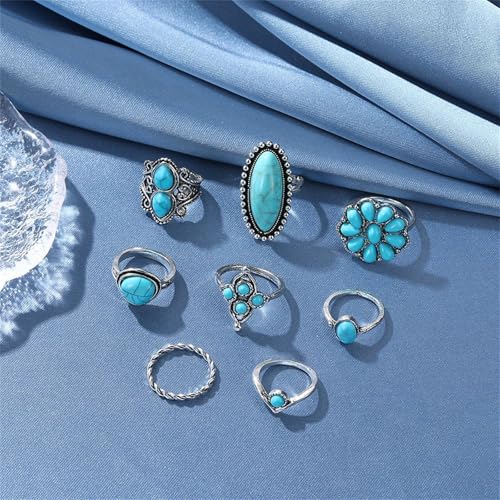 Bohemian Turquoise Ring Set for Women,Vintage Gem Turquoise Opal Joint Knuckle Stackable Rings Chunky Boho Midi Ring Pack Punk Western Ring Mixed Size - style: Style A
