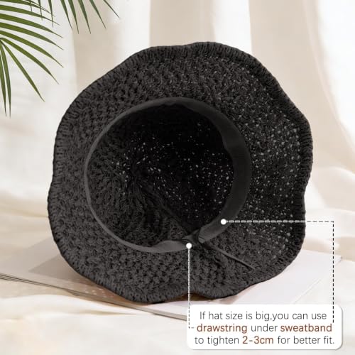 Sun Hat for Women Beach Hat Straw Bucket Hat Summer UV Protection, Packable Breathable Crochet Style - color: 1pack-black