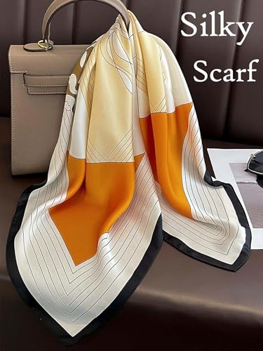 Silky Scarf for Women Lightweight Satin Bandanas Neck Hair Wrap For Sleeping Head Scarves 27.5" - color: A12 Orange Geometric /27.5"