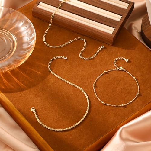 MIDEEO Gold/Silver Ankle Bracelets for Women,14K Gold Anklets for Women Waterproof Cuban Link Heart Beads Herringbone Rhinestone Anklets Set Layered Anklet Bracelets for Women Gold Jewelry Gift - style: 3Pcs Anklets H-Gold