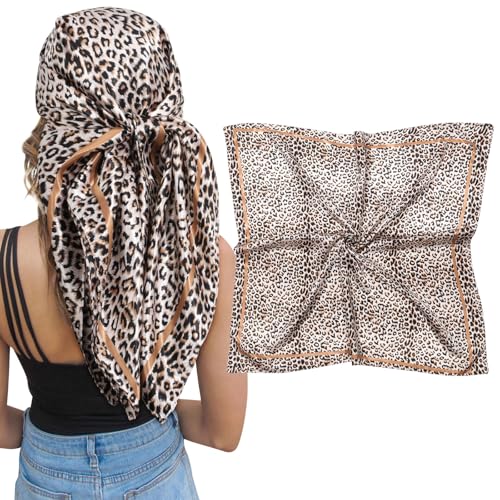 AWAYTR Satin Silk Scarf - Large Hair Bandana, Sleeping Wrap for Women - color: Leopard Print (Kahki)