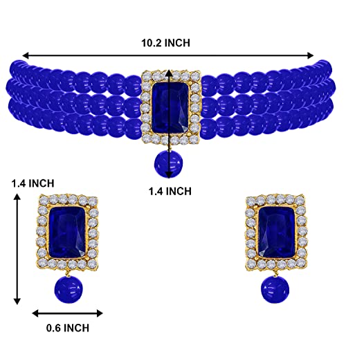 Aheli Ethnic Choker Necklace Earrings Wedding Bollywood Party Jewelry Set Gift for Women - color: Blue 2