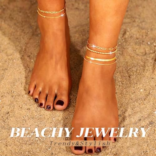 Gold Ankle Bracelets for Women Layered Beachy Ankle Chain Adjustable Beads Anklet Sets Summer Foot Jewelry Gifts
