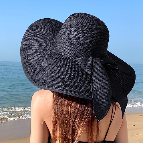 DRESHOW Beach Hats for Women Big Straw Wide Brim Summer Hat Floppy Foldable Roll up Cap Sun Hat UPF 50+ - color: Aca Black 5.9