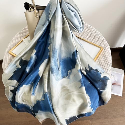 Long Silk Like Scarf Lightweight Satin Scarves Large Sunscreen Shawl Wrap for Women - color: 015.flowers White and Blue
