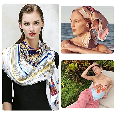 4Pcs Silk Head Scarves for Women Satin Hair Scarf 35”Large Square Bandana Silk Like Neck Scarf Shawl - color: Blue/Coffee/Beige/Black
