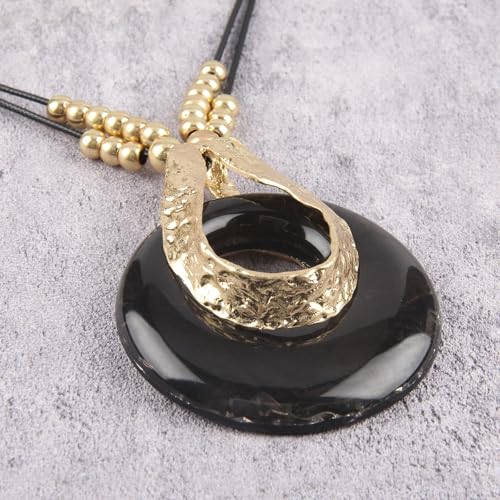 GelConnie Leather Necklace for Women Large Pendant Long Brown Necklace Circle Leather Choker Vintage Sweater Necklace Gold Chunky Boho Necklaces for Women - style: Black Stone Beads Necklace