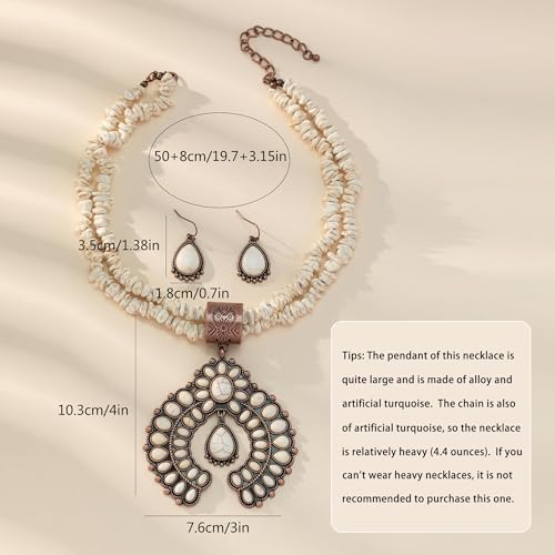 4 PCS Western Turquoise Jewelry for Women Boho Vintage Navajo Pearl Necklace Earring Bracelet Ring Set Country Cowgirl Accessories for Gift - color: G-White