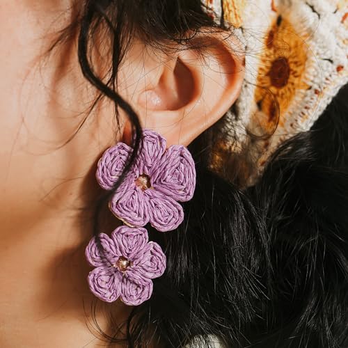 Boho Flower Earrings Statement Raffia Dangle Earrings Cute Floral Jewelry Trendy Summer Beach Vacation Outfits for Women - color: Purple