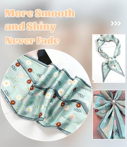 kcctoo 59” Long Silk Like Head Scarf Women's Fashion Square Neck Satin Scarfs for Bag Hair Scarves Gift 59 * 5.9” - color: E1 Little Daisy Light Green 59" X 5.9"